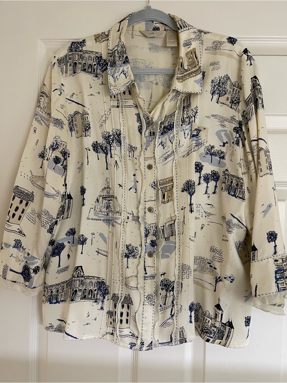 J. Jill Cream Blouse with Navy Scenic Print. Size L
